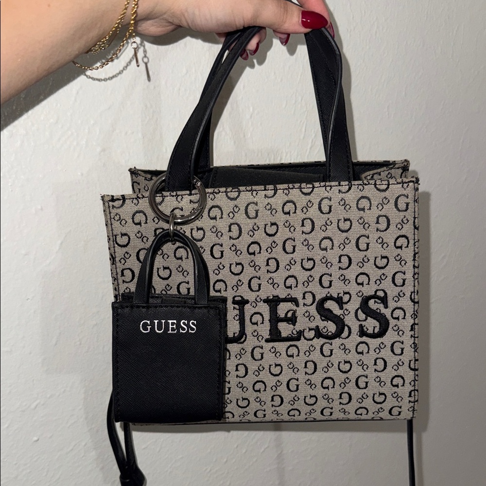 GUESS Monogram Black and Tan Tote Bag
